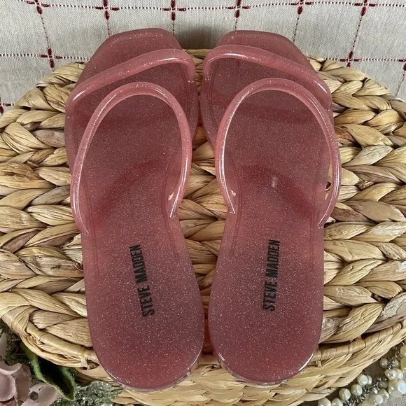 Set of 2 Steve Madden “PIKE” Jelly Flip Flop Sandals Size 6 Pink & Silver New - Picture 4 of 10